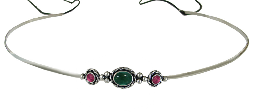 Sterling Silver Renaissance Style Exquisite Headpiece Circlet Tiara With Fluorite And Pink Tourmaline
